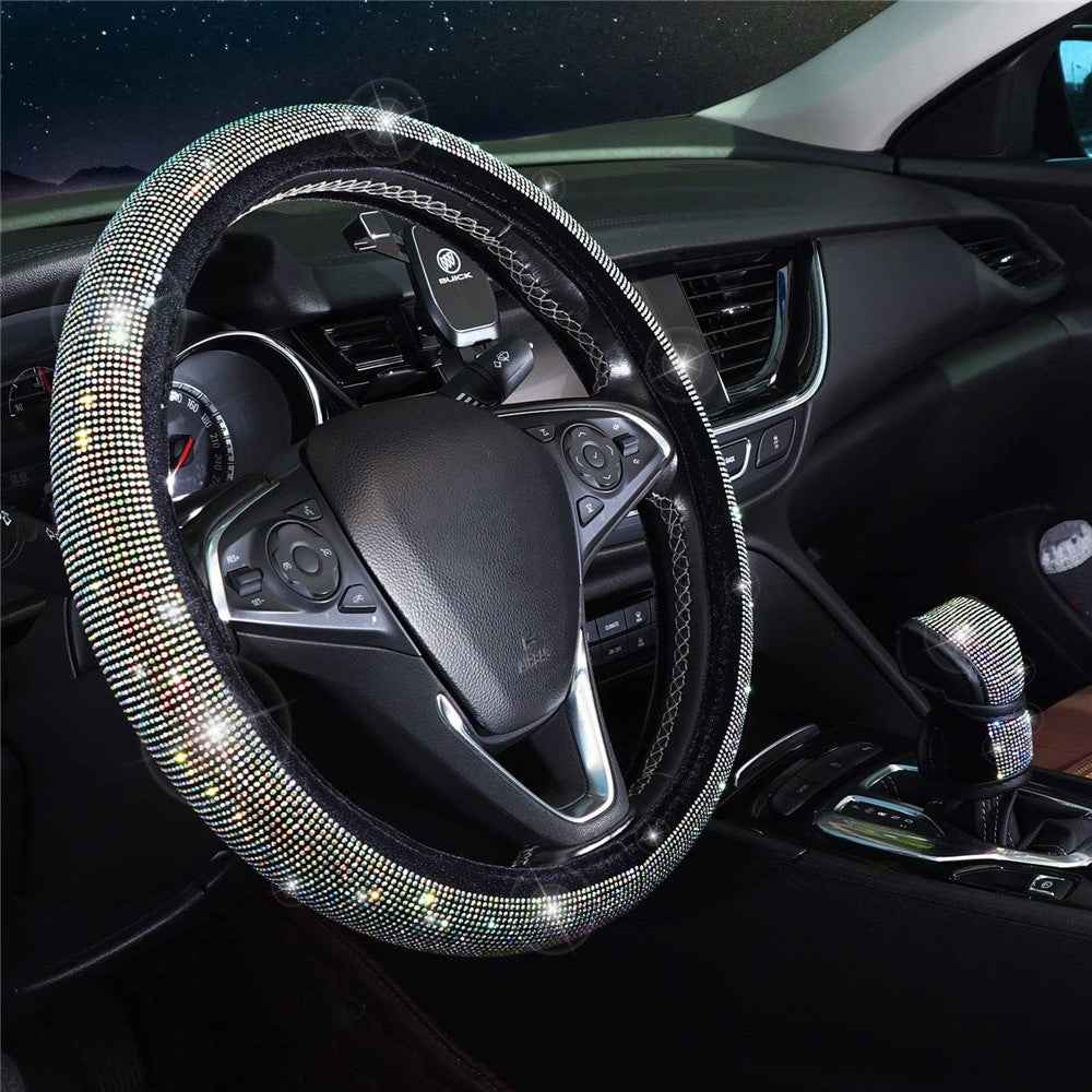 7Pcs / Set Shiny Rhinestones Car Steering Wheel Safety Belt Shifter Cover Cup Mat Start Button Ring Kit - Colorful