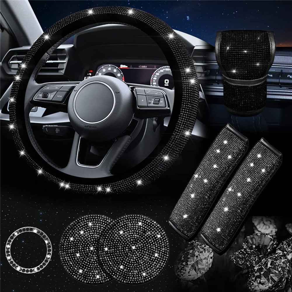 7Pcs / Set Shiny Rhinestones Car Steering Wheel Safety Belt Shifter Cover Cup Mat Start Button Ring Kit - Black