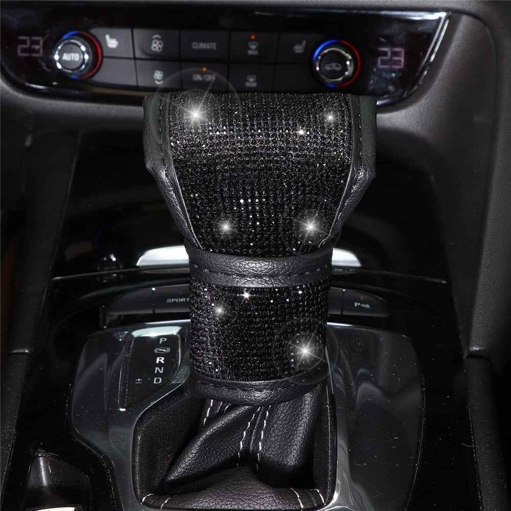 7Pcs / Set Shiny Rhinestones Car Steering Wheel Safety Belt Shifter Cover Cup Mat Start Button Ring Kit - Black