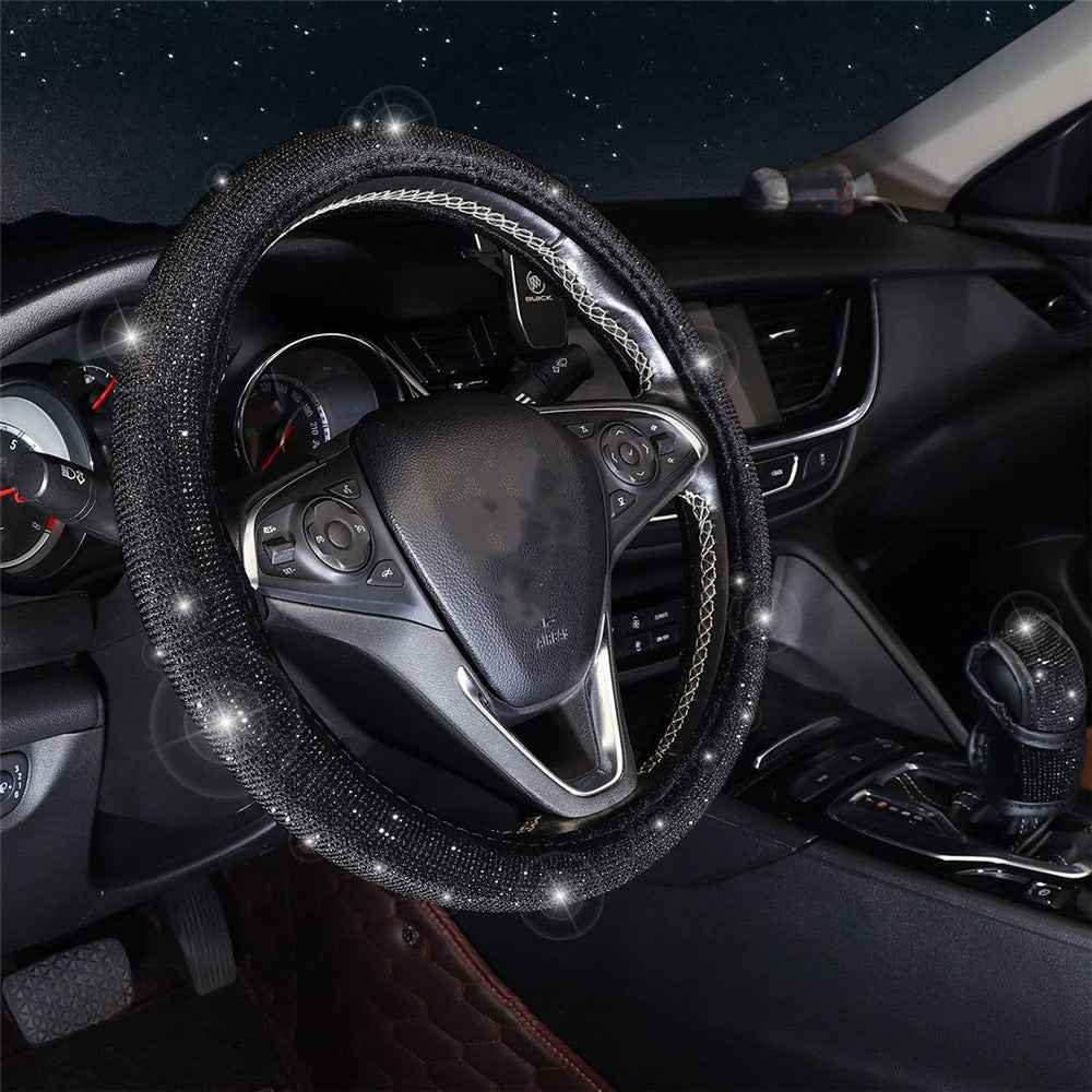 7Pcs / Set Shiny Rhinestones Car Steering Wheel Safety Belt Shifter Cover Cup Mat Start Button Ring Kit - Black