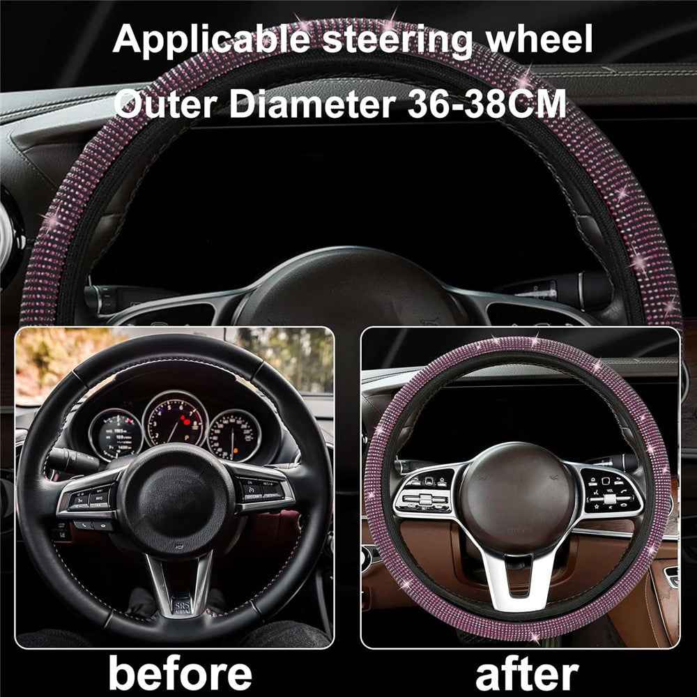 7Pcs / Set Shiny Rhinestones Car Steering Wheel Safety Belt Shifter Cover Cup Mat Start Button Ring Kit - Black
