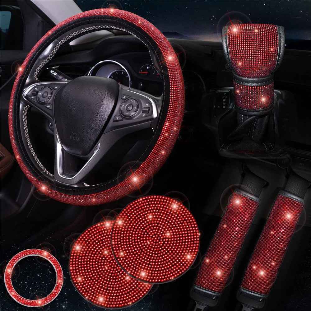7Pcs / Set Shiny Rhinestones Car Steering Wheel Safety Belt Shifter Cover Cup Mat Start Button Ring Kit - Red