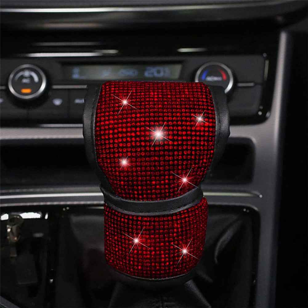 7Pcs / Set Shiny Rhinestones Car Steering Wheel Safety Belt Shifter Cover Cup Mat Start Button Ring Kit - Red