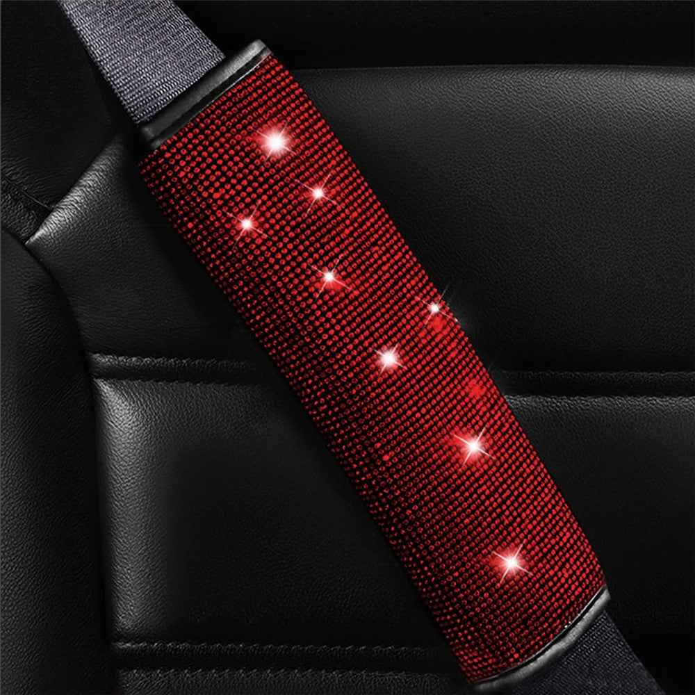 7Pcs / Set Shiny Rhinestones Car Steering Wheel Safety Belt Shifter Cover Cup Mat Start Button Ring Kit - Red
