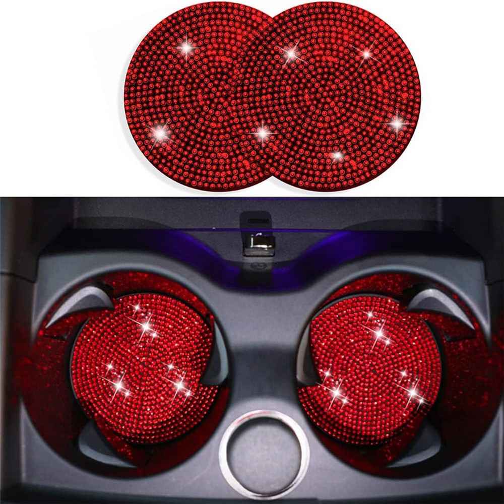 7Pcs / Set Shiny Rhinestones Car Steering Wheel Safety Belt Shifter Cover Cup Mat Start Button Ring Kit - Red