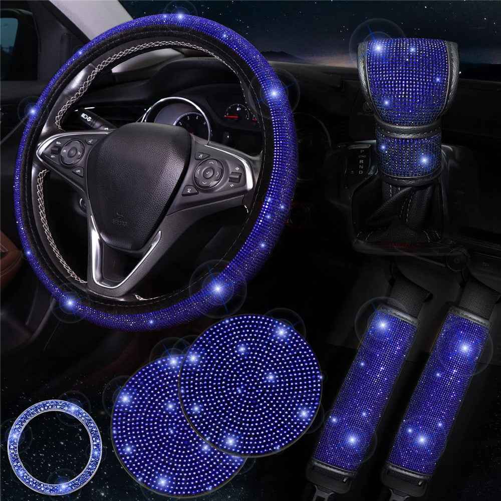7Pcs / Set Shiny Rhinestones Car Steering Wheel Safety Belt Shifter Cover Cup Mat Start Button Ring Kit - Blue