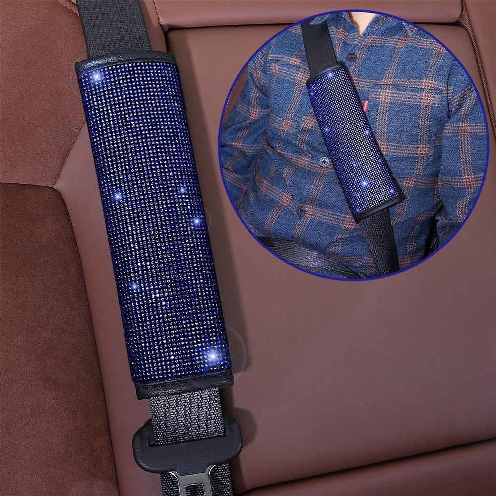 7Pcs / Set Shiny Rhinestones Car Steering Wheel Safety Belt Shifter Cover Cup Mat Start Button Ring Kit - Blue