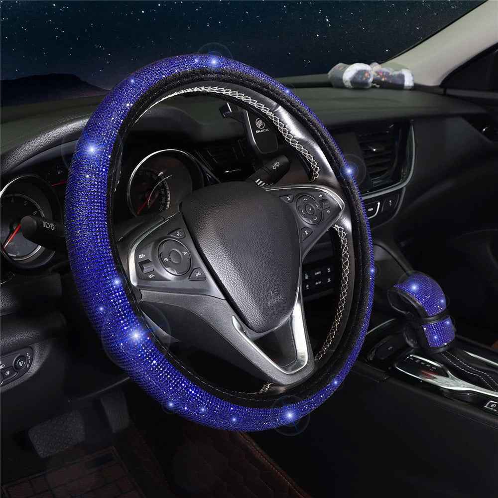 7Pcs / Set Shiny Rhinestones Car Steering Wheel Safety Belt Shifter Cover Cup Mat Start Button Ring Kit - Blue