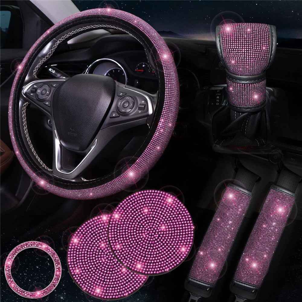 7Pcs / Set Shiny Rhinestones Car Steering Wheel Safety Belt Shifter Cover Cup Mat Start Button Ring Kit - Rose