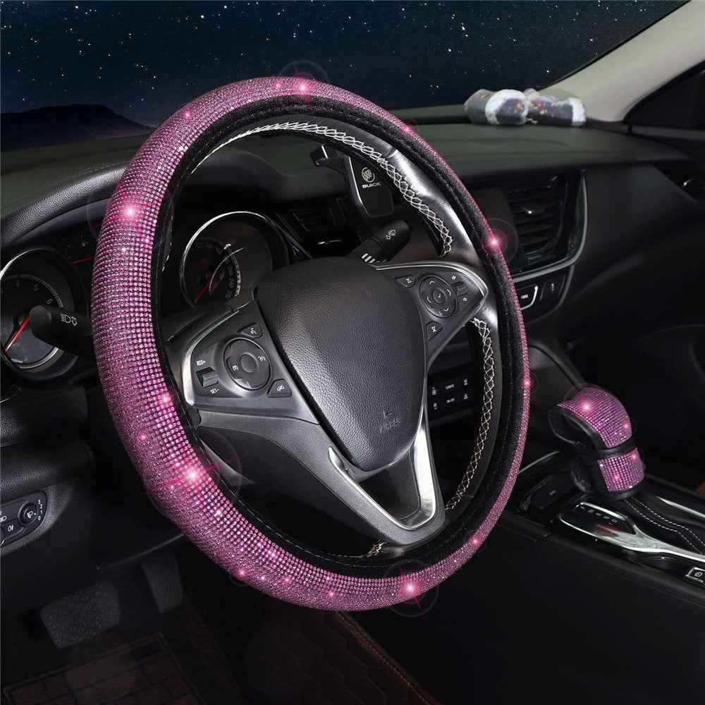 7Pcs / Set Shiny Rhinestones Car Steering Wheel Safety Belt Shifter Cover Cup Mat Start Button Ring Kit - Rose