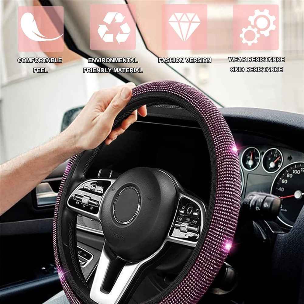 7Pcs / Set Shiny Rhinestones Car Steering Wheel Safety Belt Shifter Cover Cup Mat Start Button Ring Kit - Rose