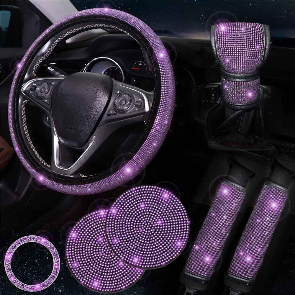 7Pcs / Set Shiny Rhinestones Car Steering Wheel Safety Belt Shifter Cover Cup Mat Start Button Ring Kit - Purple