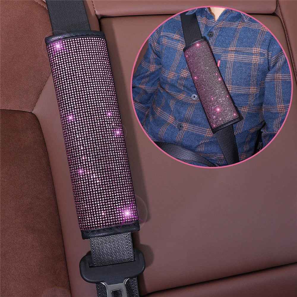 7Pcs / Set Shiny Rhinestones Car Steering Wheel Safety Belt Shifter Cover Cup Mat Start Button Ring Kit - Purple