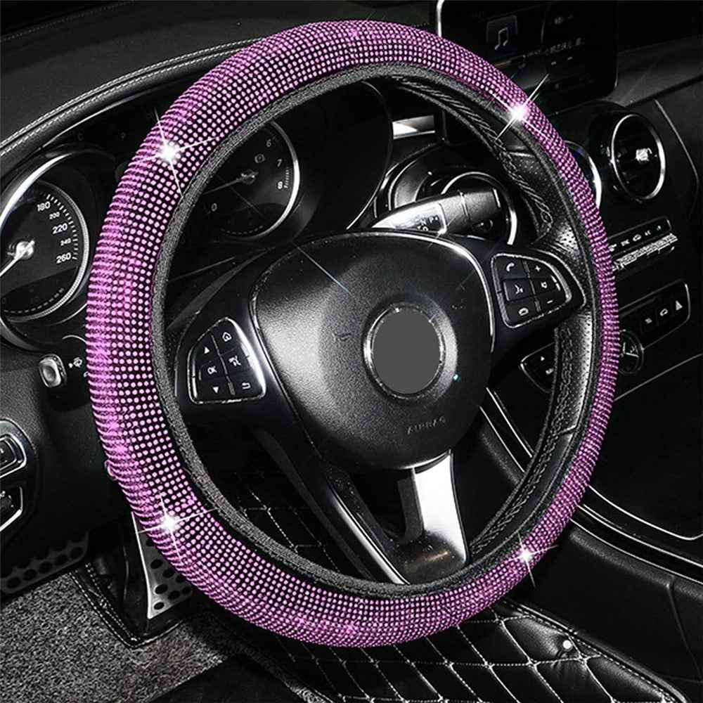 7Pcs / Set Shiny Rhinestones Car Steering Wheel Safety Belt Shifter Cover Cup Mat Start Button Ring Kit - Purple