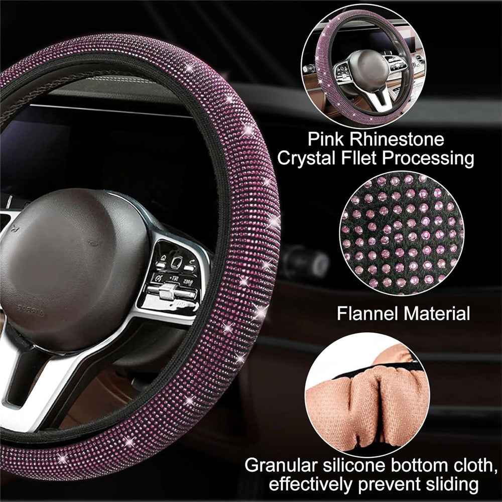 7Pcs / Set Shiny Rhinestones Car Steering Wheel Safety Belt Shifter Cover Cup Mat Start Button Ring Kit - Purple