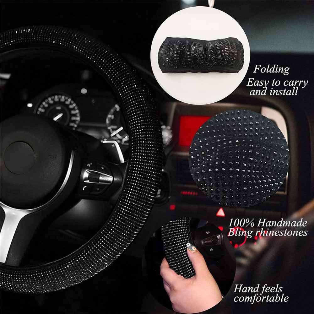 7Pcs / Set Shiny Rhinestones Car Steering Wheel Safety Belt Shifter Cover Cup Mat Start Button Ring Kit - Purple