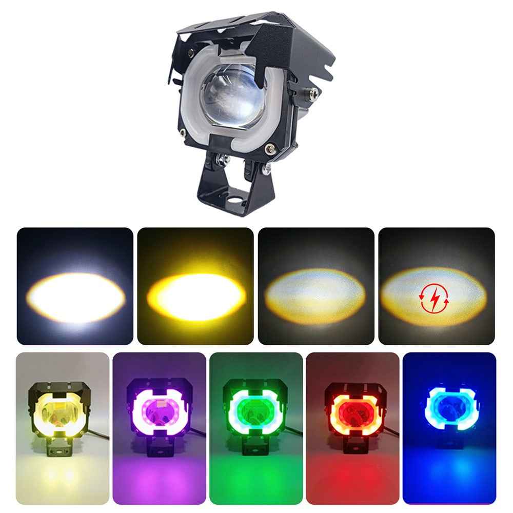 Motorcycle LED Headlight with RGB Angel Eye Halo High Low Beam Laser Spotlight
