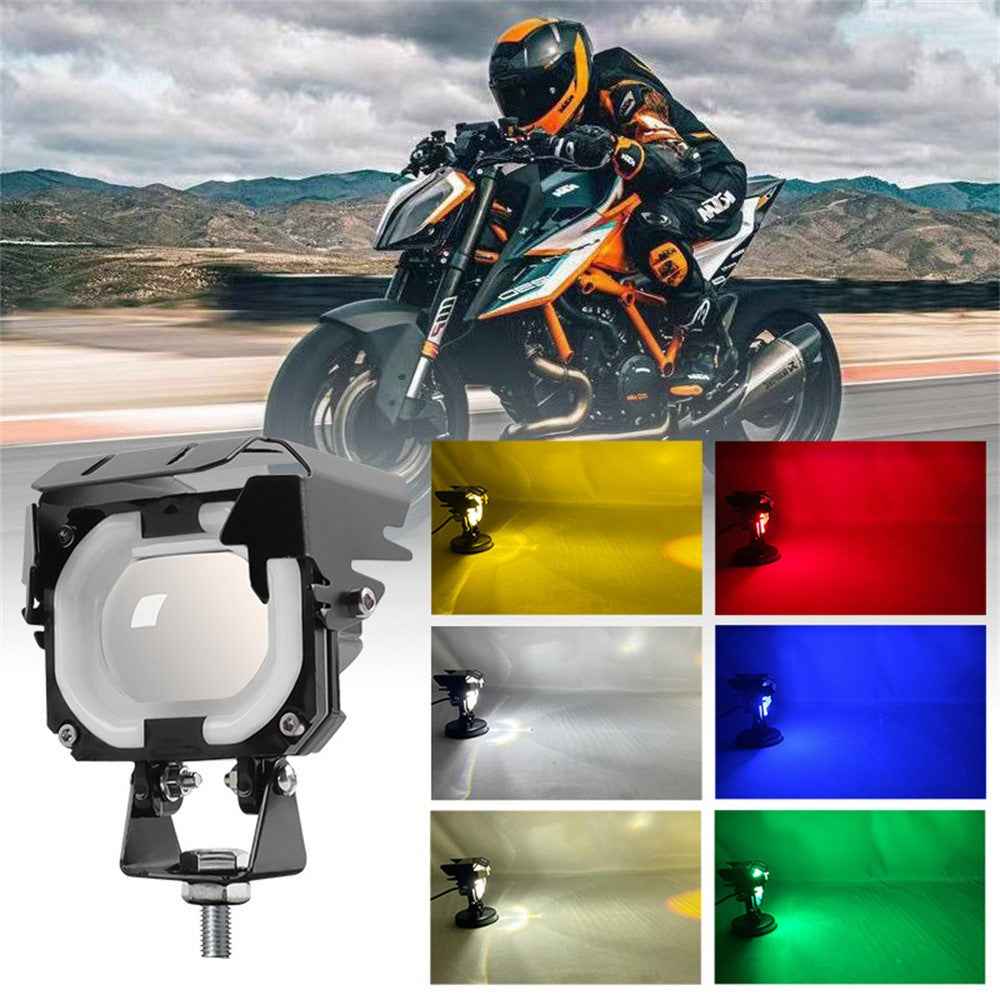 Motorcycle LED Headlight with RGB Angel Eye Halo High Low Beam Laser Spotlight