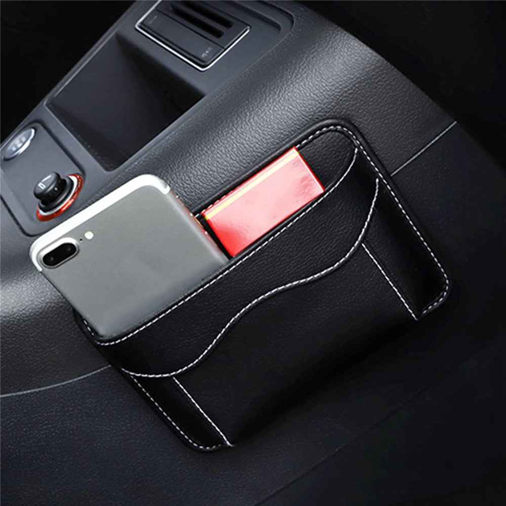 Car Dashboard Adhesive Storage Bag PU Leather Seat Seam Phone Sundries Holder Organizer - Black