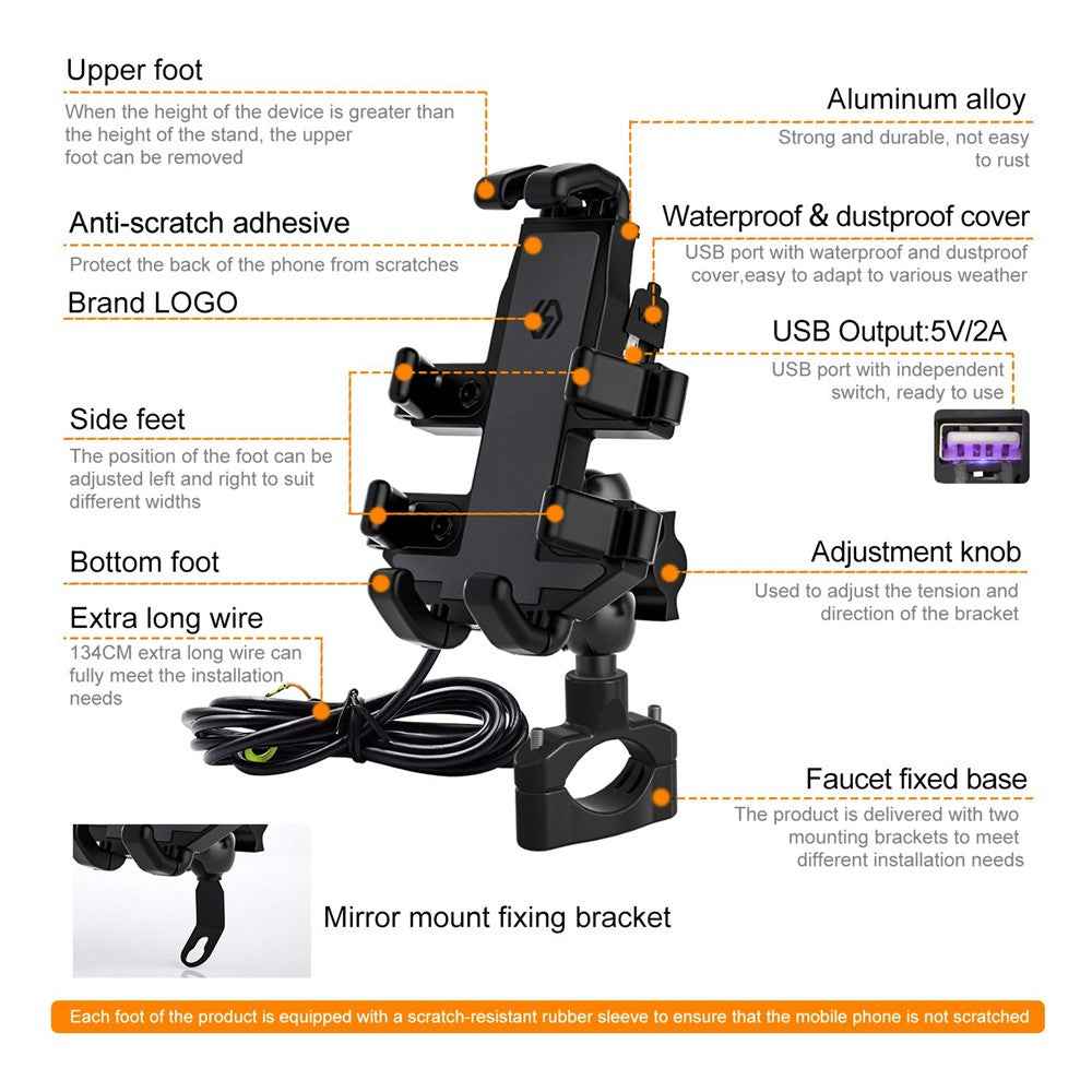 CS-1098A1 360 Degree Rotation Phone Holder Motorcycle Rearview Mirror / Handlebar Mount Bracket with USB Charging Port