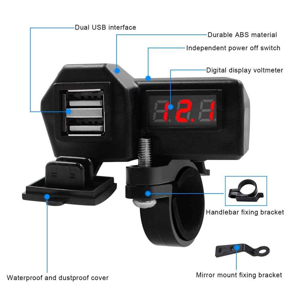 CS-1072A1 10-24V Motorcycle Dual USB Charger Digital Display Voltmeter Waterproof Phone Charging Adapter
