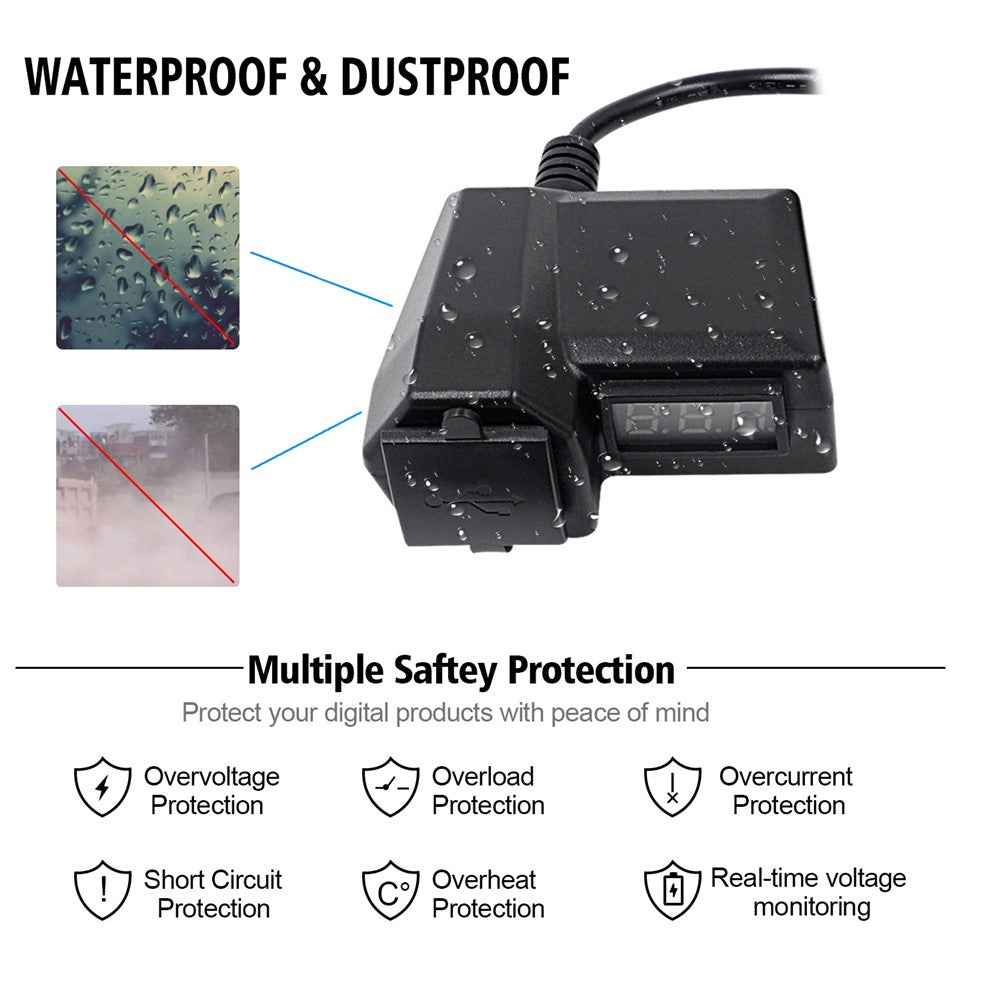 CS-1072A1 10-24V Motorcycle Dual USB Charger Digital Display Voltmeter Waterproof Phone Charging Adapter