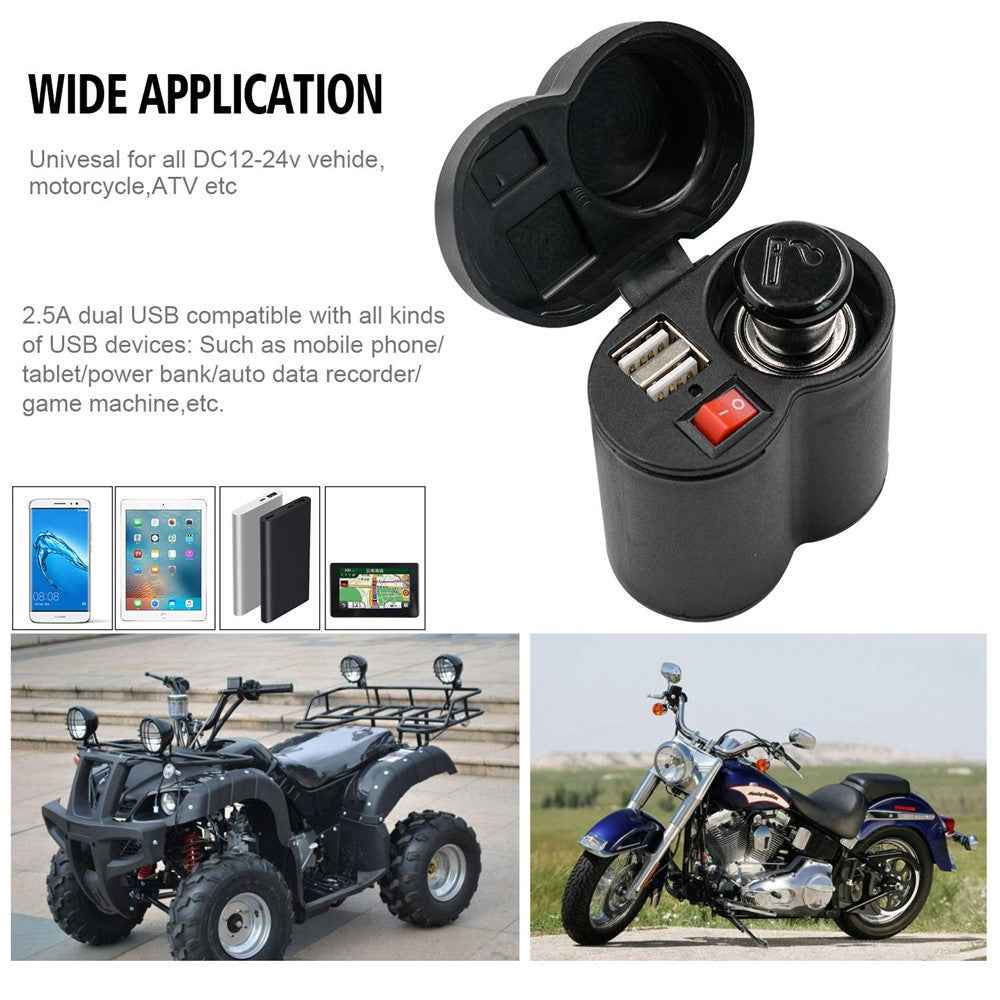 CS-313F1 12-24V Motorcycle Modify Dual USB Charger Waterproof Phone Charging Adapter with Cigarette Lighter Head and Switch