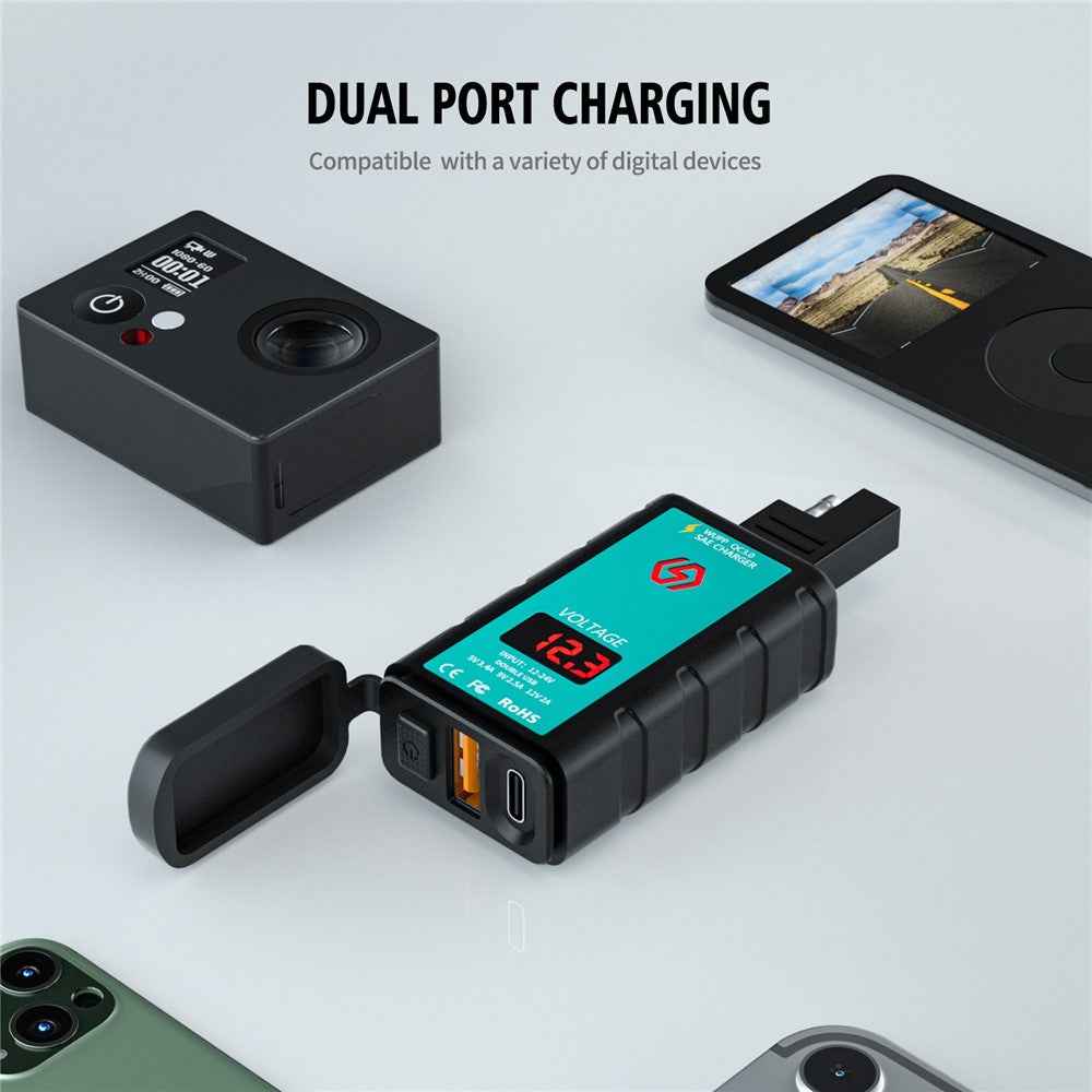 ZH-1422B3 Square Quick Charger USB+Type-C Motorcycle Handlebar Power Adapter for Cell Phone, with Voltmeter Display and 1.4m SAE+OT Terminal Cable