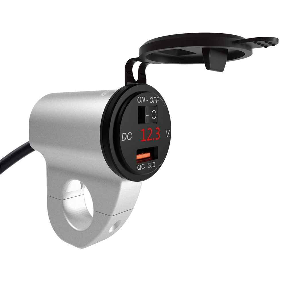WUPP ZH-975 Motorcycle Handlebar 2.4A USB Phone Charger Aluminum Alloy Waterproof Voltage Digital Display QC3.0 Fast Charge Adapter with Switch - Silver
