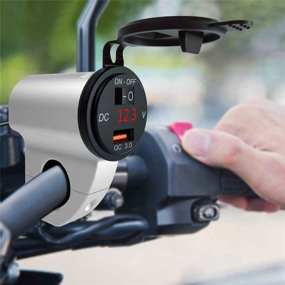 WUPP ZH-975 Motorcycle Handlebar 2.4A USB Phone Charger Aluminum Alloy Waterproof Voltage Digital Display QC3.0 Fast Charge Adapter with Switch - Silver