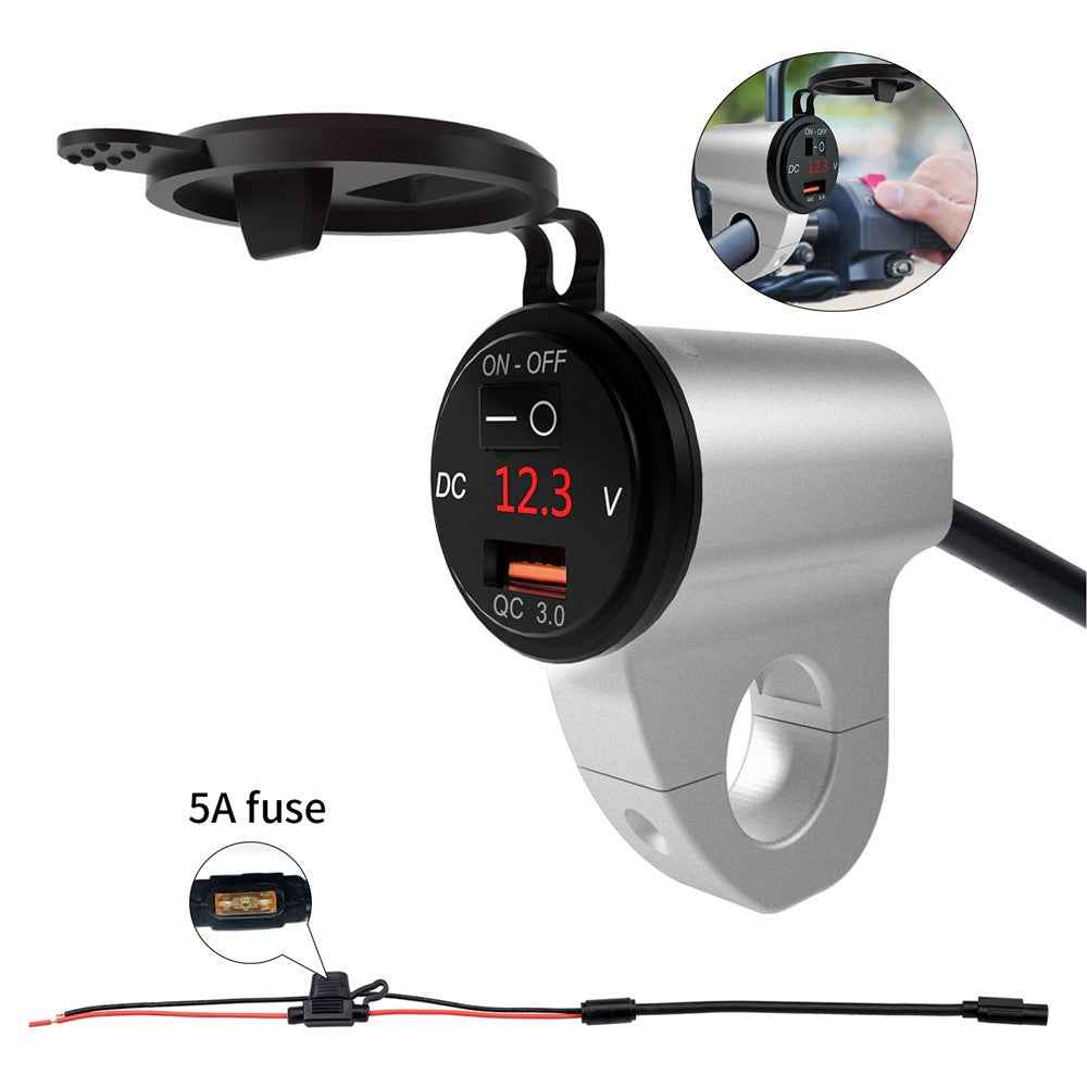 WUPP ZH-975 Motorcycle Handlebar 2.4A USB Phone Charger Aluminum Alloy Waterproof Voltage Digital Display QC3.0 Fast Charge Adapter with Switch - Silver