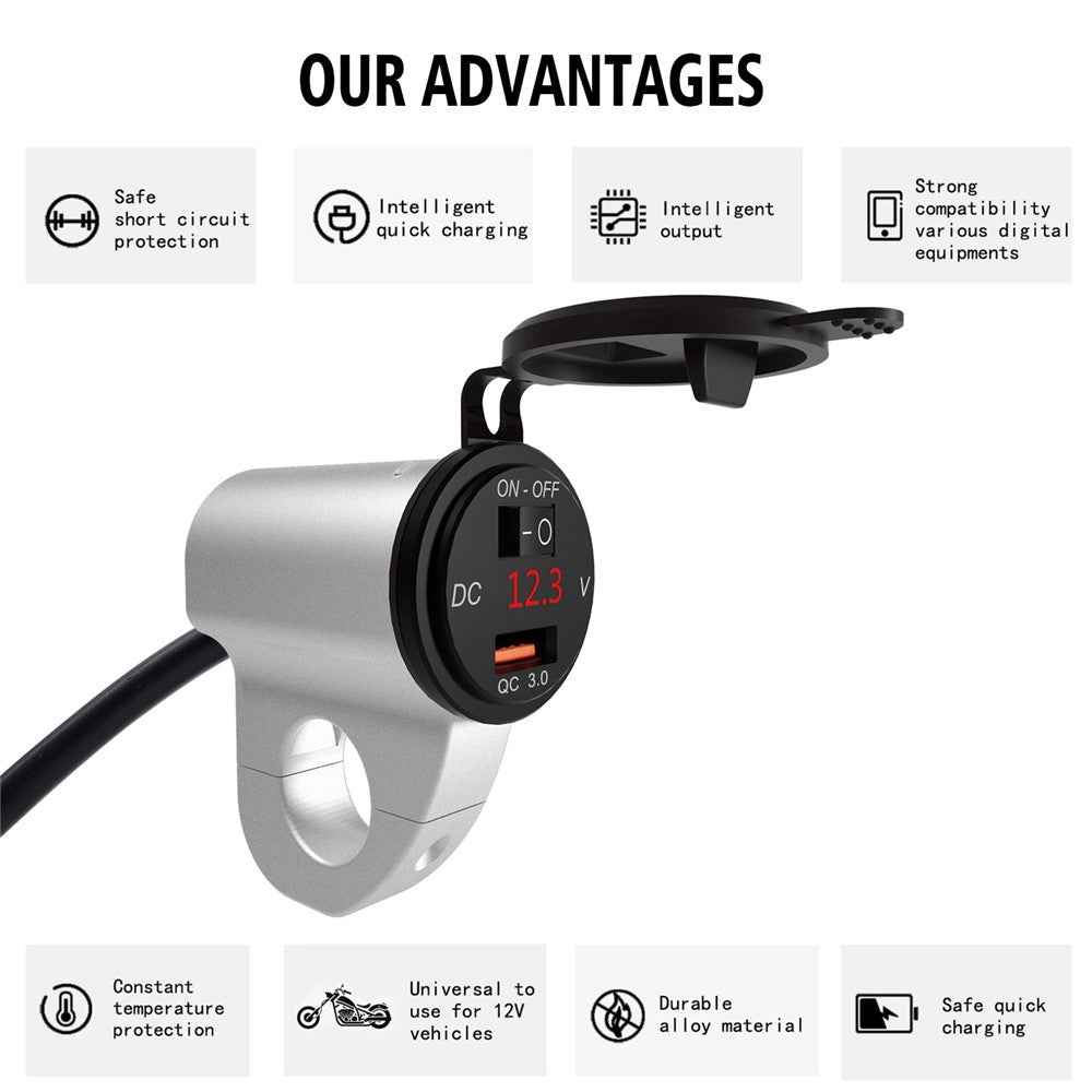WUPP ZH-975 Motorcycle Handlebar 2.4A USB Phone Charger Aluminum Alloy Waterproof Voltage Digital Display QC3.0 Fast Charge Adapter with Switch - Silver