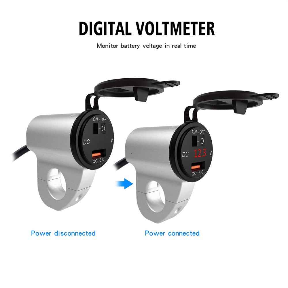 WUPP ZH-975 Motorcycle Handlebar 2.4A USB Phone Charger Aluminum Alloy Waterproof Voltage Digital Display QC3.0 Fast Charge Adapter with Switch - Silver