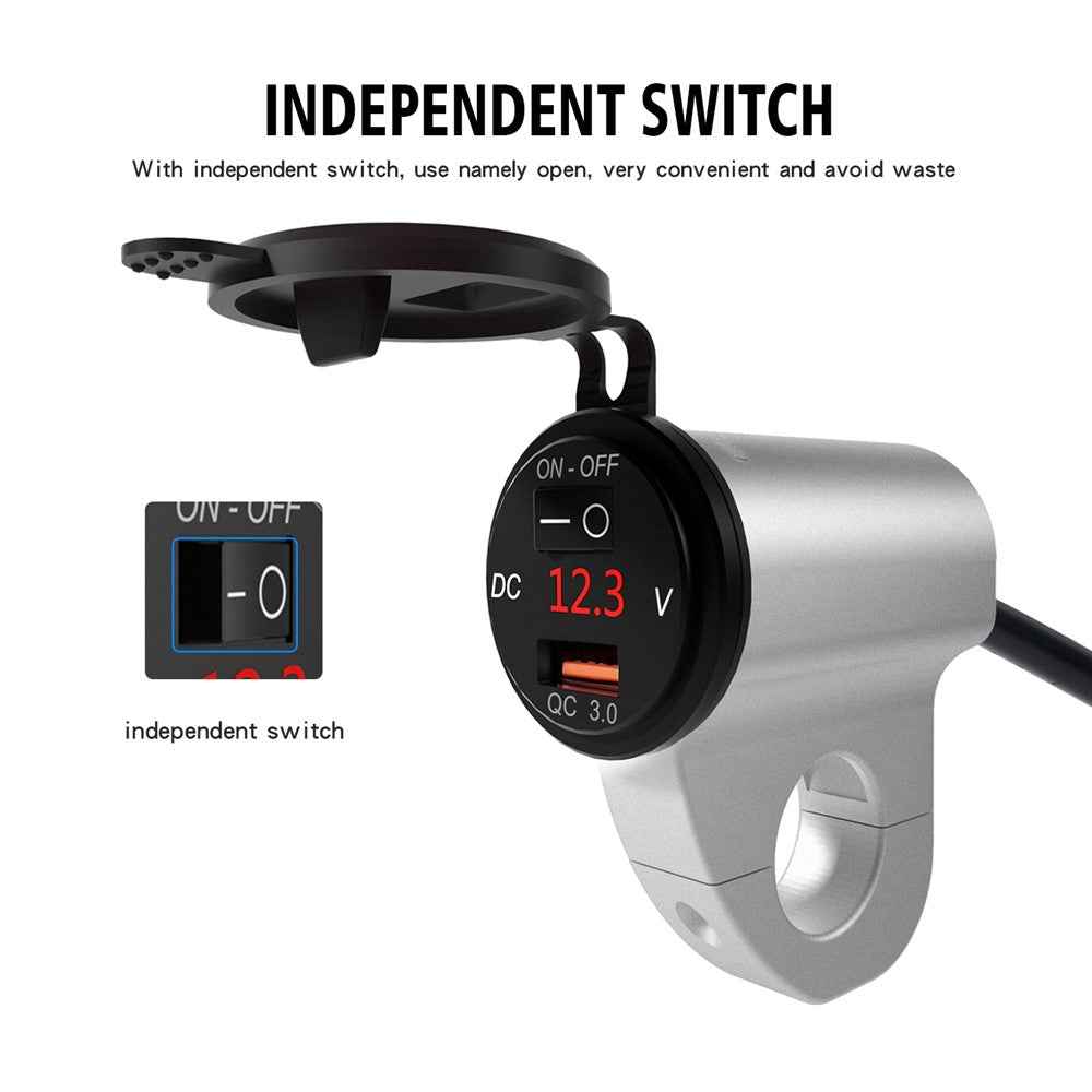 WUPP ZH-975 Motorcycle Handlebar 2.4A USB Phone Charger Aluminum Alloy Waterproof Voltage Digital Display QC3.0 Fast Charge Adapter with Switch - Silver