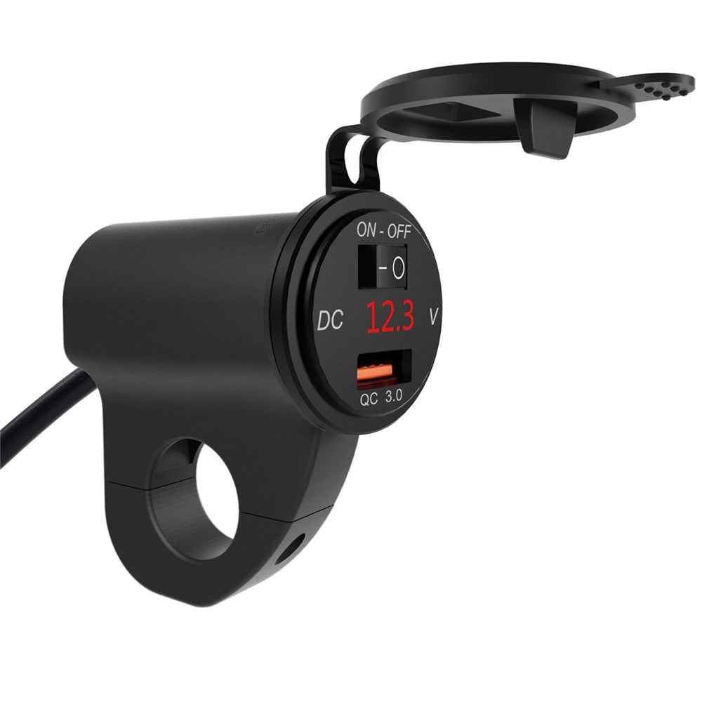 WUPP ZH-975 Motorcycle Handlebar 2.4A USB Phone Charger Aluminum Alloy Waterproof Voltage Digital Display QC3.0 Fast Charge Adapter with Switch - Black