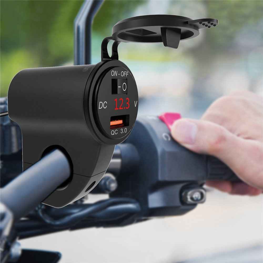 WUPP ZH-975 Motorcycle Handlebar 2.4A USB Phone Charger Aluminum Alloy Waterproof Voltage Digital Display QC3.0 Fast Charge Adapter with Switch - Black