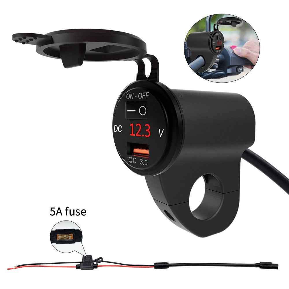 WUPP ZH-975 Motorcycle Handlebar 2.4A USB Phone Charger Aluminum Alloy Waterproof Voltage Digital Display QC3.0 Fast Charge Adapter with Switch - Black