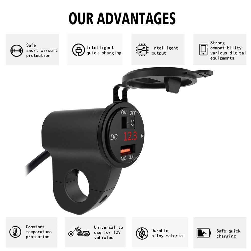 WUPP ZH-975 Motorcycle Handlebar 2.4A USB Phone Charger Aluminum Alloy Waterproof Voltage Digital Display QC3.0 Fast Charge Adapter with Switch - Black