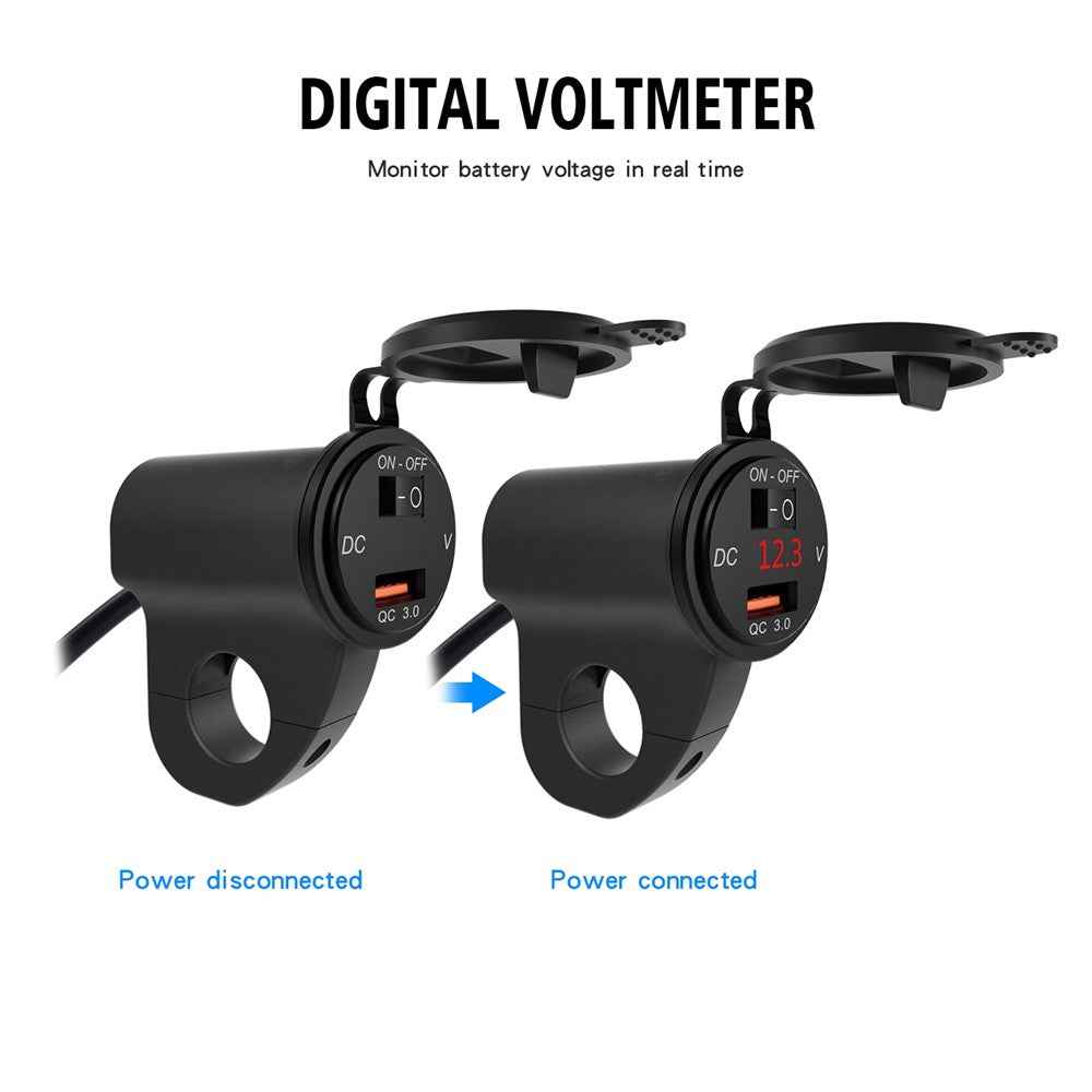 WUPP ZH-975 Motorcycle Handlebar 2.4A USB Phone Charger Aluminum Alloy Waterproof Voltage Digital Display QC3.0 Fast Charge Adapter with Switch - Black