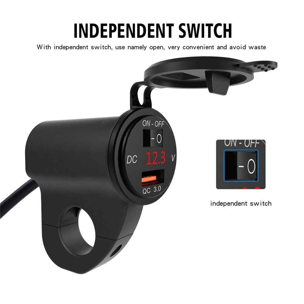 WUPP ZH-975 Motorcycle Handlebar 2.4A USB Phone Charger Aluminum Alloy Waterproof Voltage Digital Display QC3.0 Fast Charge Adapter with Switch - Black