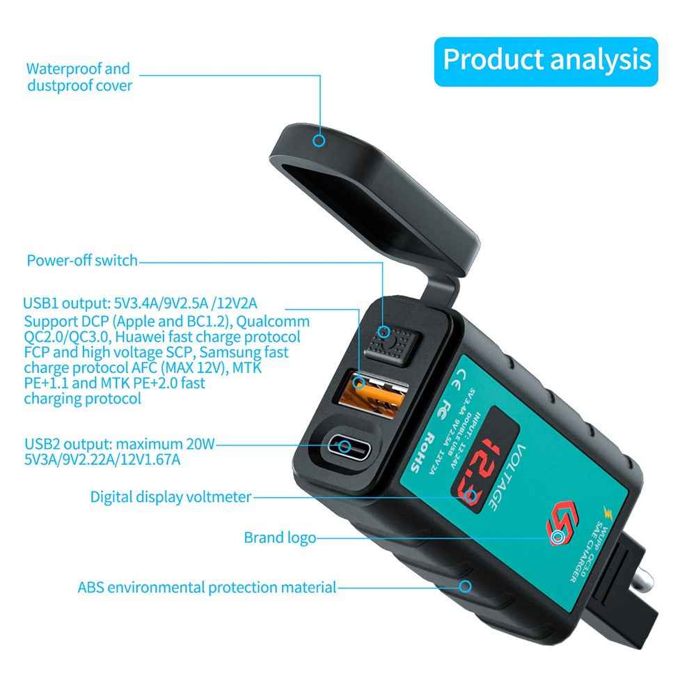ZH-1422B2 Motorcycle Handlebar Charger USB+Type-C Port Adapter Socket, with Voltmeter Display and 1m SAE Extension Cable