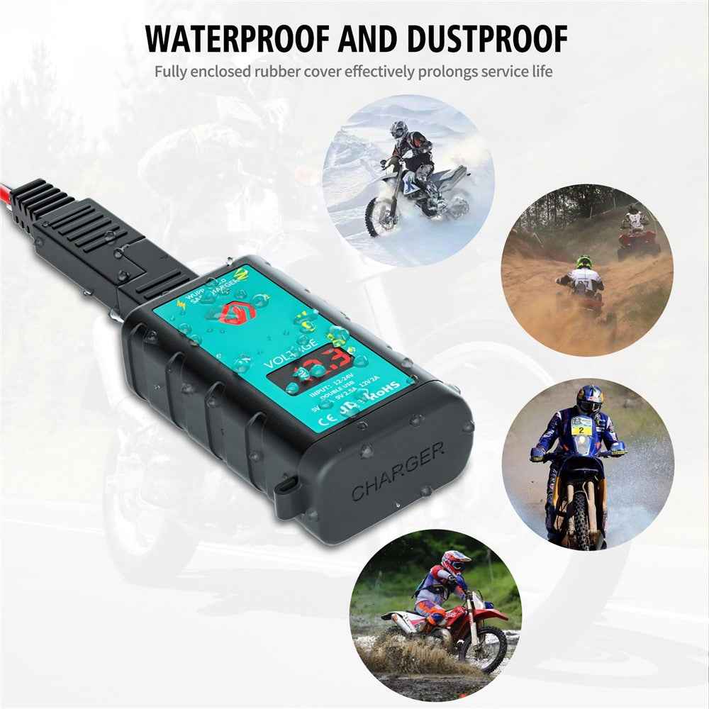 ZH-1422B2 Motorcycle Handlebar Charger USB+Type-C Port Adapter Socket, with Voltmeter Display and 1m SAE Extension Cable