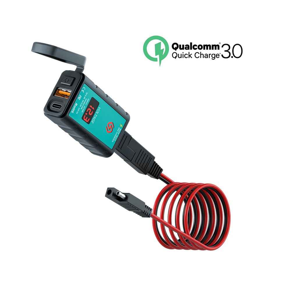 ZH-1422B2 Motorcycle Handlebar Charger USB+Type-C Port Adapter Socket, with Voltmeter Display and 1m SAE Extension Cable