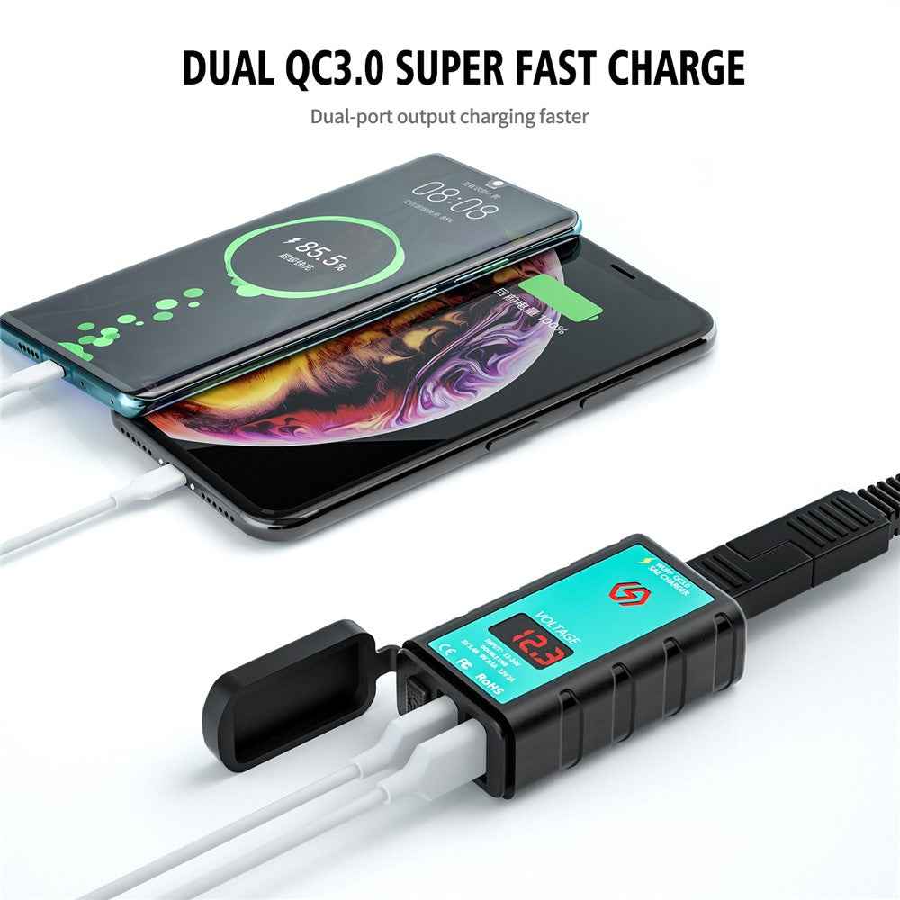ZH-1422A3 Dual USB Port 5V 3.4A Power Adapter Socket Motorcycle Handlebar Voltmeter Display Fast Charger with 1.4m SAE+OT Terminal Cable