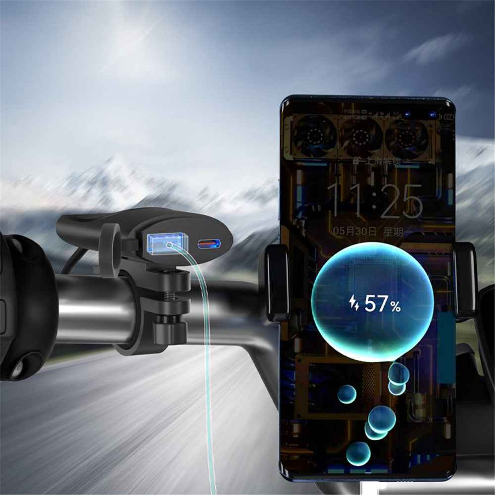 WUPP ZH-1927B1 Motorcycle Handlebar Phone Charger Ultra-Thin USB A+Type-C QC3.0 Charger