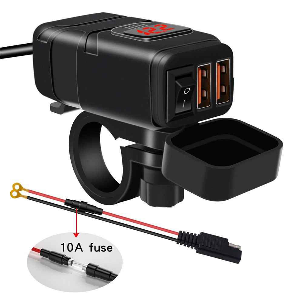 WUPP ZH-854A Motorcycle Handlebar Dual USB QC3.0 Phone Charger Voltmeter Fast Charge Adapter with Switch - Red Voltmeter