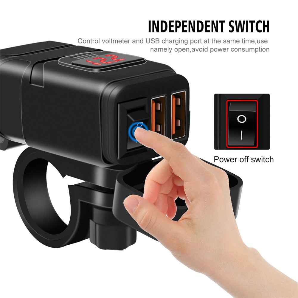 WUPP ZH-854A Motorcycle Handlebar Dual USB QC3.0 Phone Charger Voltmeter Fast Charge Adapter with Switch - Red Voltmeter