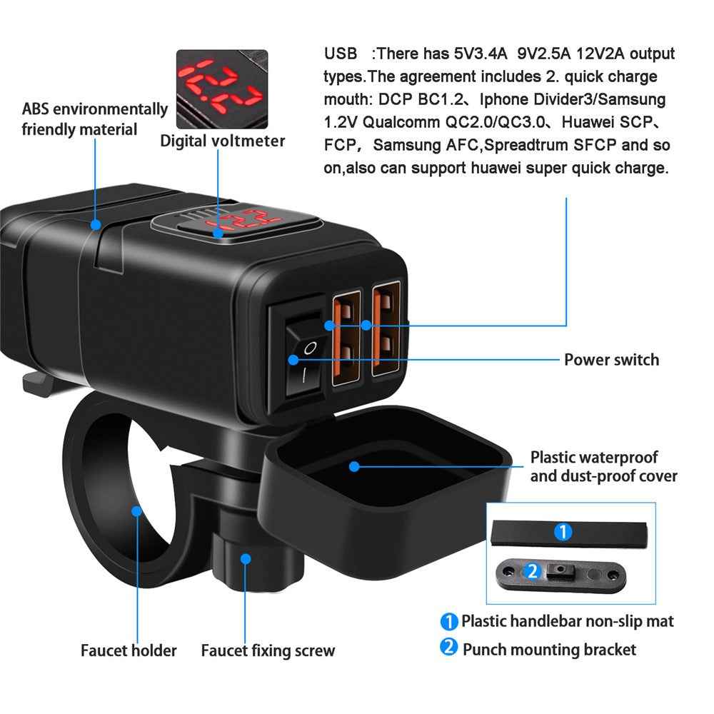 WUPP ZH-854A Motorcycle Handlebar Dual USB QC3.0 Phone Charger Voltmeter Fast Charge Adapter with Switch - Red Voltmeter