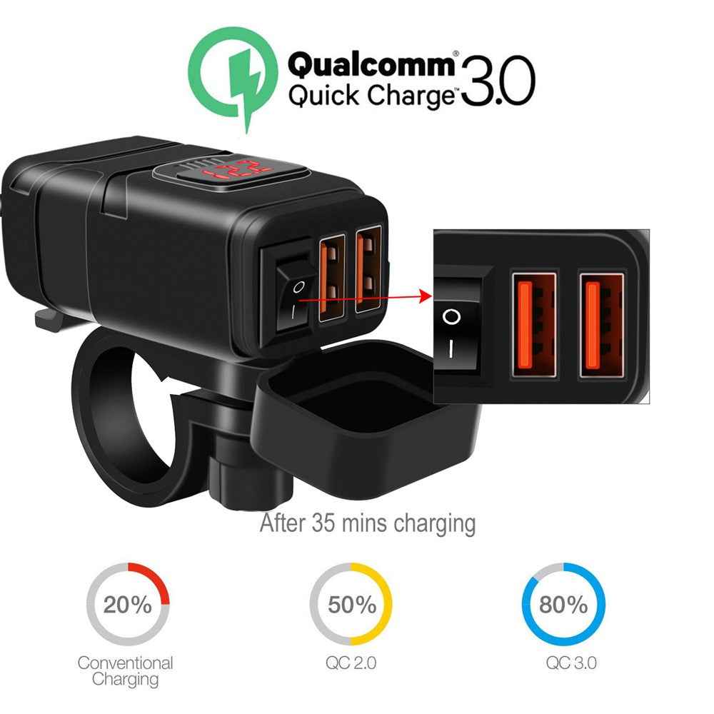 WUPP ZH-854A Motorcycle Handlebar Dual USB QC3.0 Phone Charger Voltmeter Fast Charge Adapter with Switch - Red Voltmeter