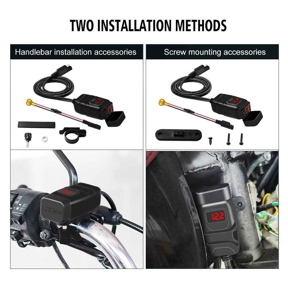 WUPP ZH-854A Motorcycle Handlebar Dual USB QC3.0 Phone Charger Voltmeter Fast Charge Adapter with Switch - Red Voltmeter